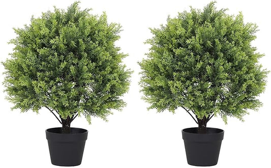 THE BLOOM TIMES 2ft Artificial Topiary Ball Trees Outdoor Set of 2, 24" Tall Faux Cedar Plants Outside UV Resistant Greenery Fake Evergreen Potted Bushes and Shrubs for Front Porch Patio Planter Decor