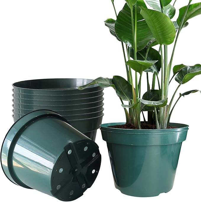 10 Pack Plastic Planter Pots, 10 Inch Thick Plant Pots with Multiple Drainage Holes, Pots for Plants Such as Herbs Strawberry and Flowers, Green Growing Planters for Outdoor Plants or Indoor (Green)