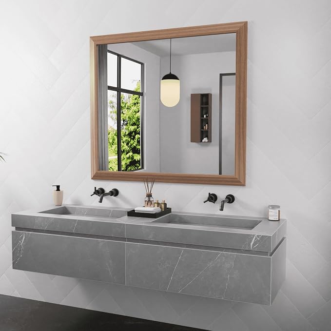 Amorho Bathroom Mirror, 40x36 Inch Wall Mirror, Walnut Wood Grain Metal Framed by Amorho