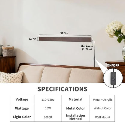 KELUOLY Farmhouse Plug in Long Wall Sconce, 31.4 inch Faux Walnut Finish LED - Image 3