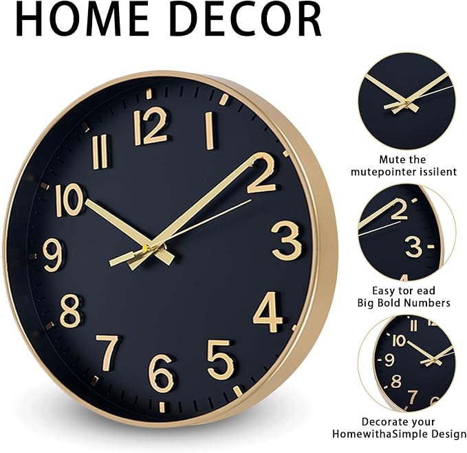 HZDHCLH Wall Clocks Battery Operated, Wall Clock Black Gold, 12 inch Wall Clock - Image 3