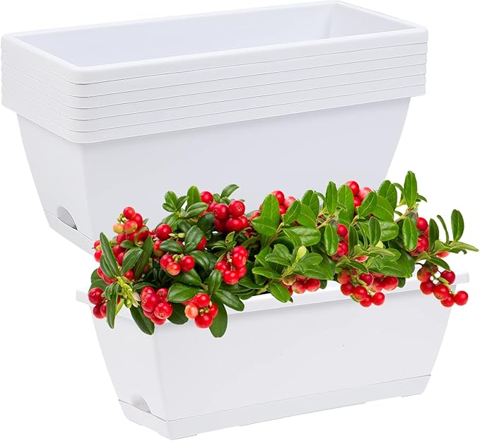 Window Box Planter, 7 Pack Plastic Vegetable Flower Planters Boxes 17 Inches Rectangular Flower Pots with Saucers for Indoor Outdoor Garden, Patio, Home Decor (White)