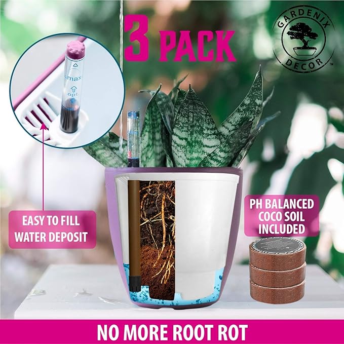 GARDENIX DECOR Self Watering Pots for Indoor Plants 3 Pack - Flower Pot with Water Level Indicator for Plants, Grow Tracking Tool - Self Watering Planter Plant Pot - Coco Coir - Purple