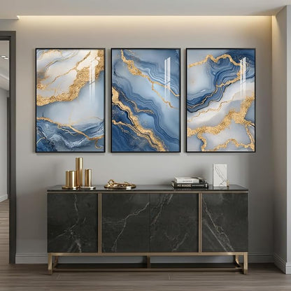 Large Framed Abstract Wall Art for Living Room, Modern Luxury 3 Piece Blue Gold - Image 2