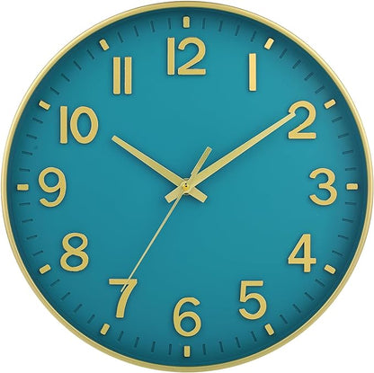 HZDHCLH Teal and Gold Wall Clocks Battery Operated 12 inch Silent Non Ticking by HZDHCLH