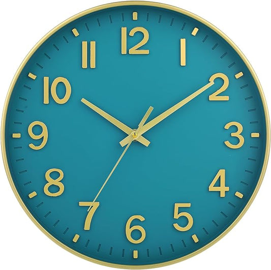 HZDHCLH Teal and Gold Wall Clocks Battery Operated 12 inch Silent Non Ticking by HZDHCLH
