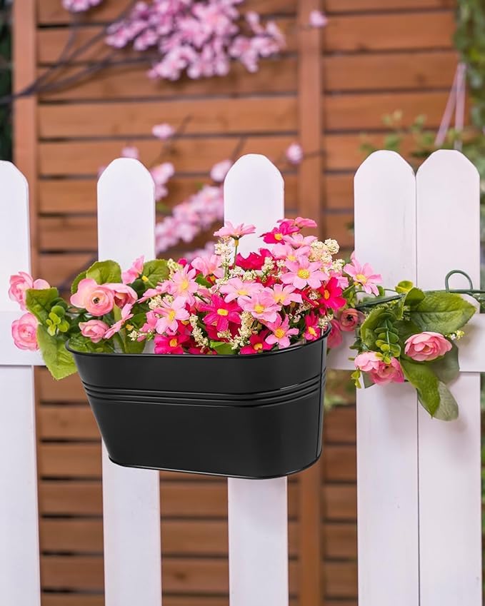 vensovo Metal Railing Planter for Outdoor Plants - 5 Pack Balcony Hanging Flower Pots with Detachable Hooks and Drain Holes Oval Bucket Rail Box Fence Planters for Home Garden Decor, Black