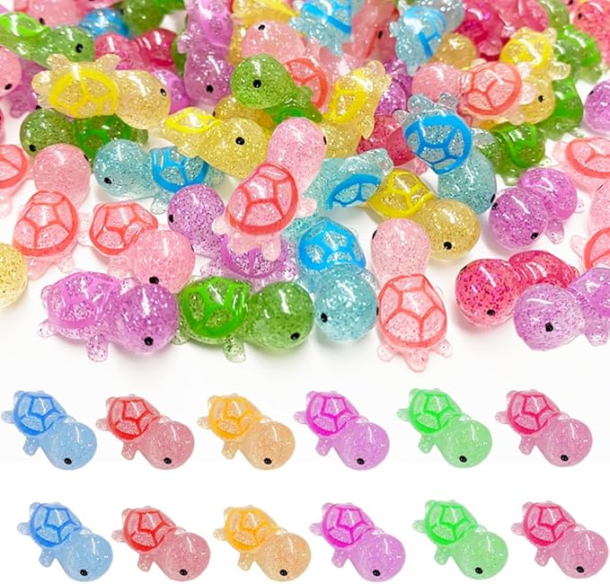120PCS Glitter Mini Resin Turtles Sea Turtles Figurines Glow in The Dark, Cute Tiny Turtles Bulk for Cake Toppers Ocean Animal Theme Party Decor Garden Micro Landscape DIY (6 Colors)