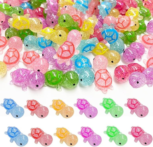 120PCS Glitter Mini Resin Turtles Sea Turtles Figurines Glow in The Dark, Cute Tiny Turtles Bulk for Cake Toppers Ocean Animal Theme Party Decor Garden Micro Landscape DIY (6 Colors)