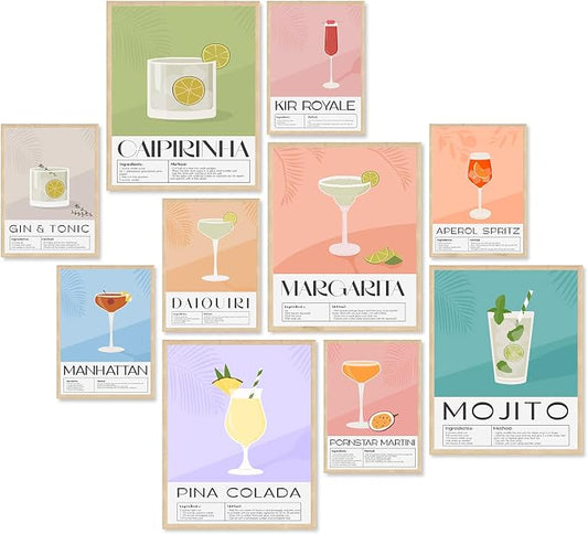 KBKBART Vintage Cocktail Poster Set of 10, Retro Bar Cart Accessories, Colorful by KBKBART