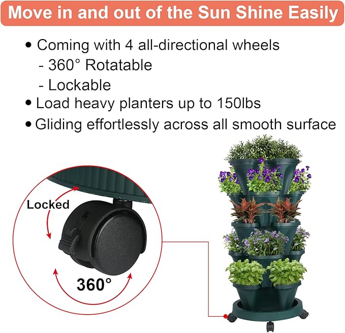 Vertical Planter 5 Tier Stackable Planters Garden Planters Strawberry Herb Flower and Vegetable Planter Indoor Outdoor Gardening Pots with Removable Wheels and Tools