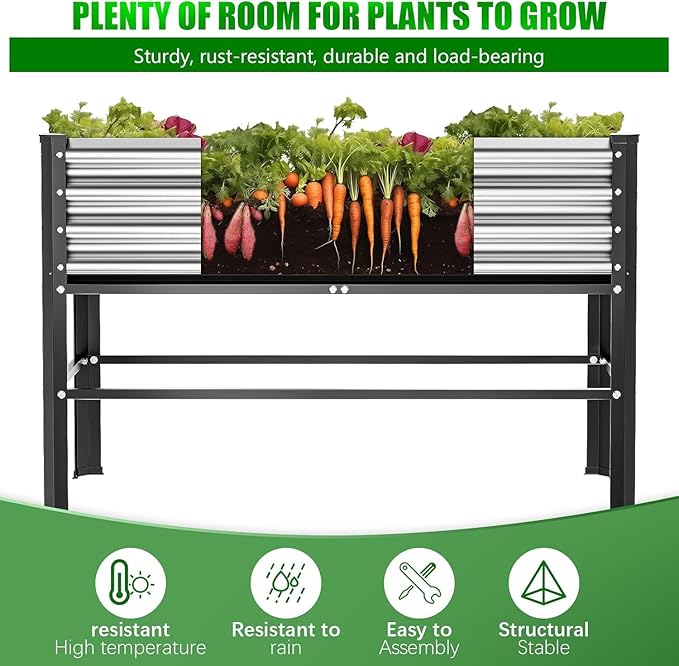 Doniks Raised Garden Bed with Legs, 48×24×32in Large Outdoor Metal Galvanized Garden Planting Box, 600lb Capacity for Vegetables Lawn Green Flowers, Fruits, Terrace