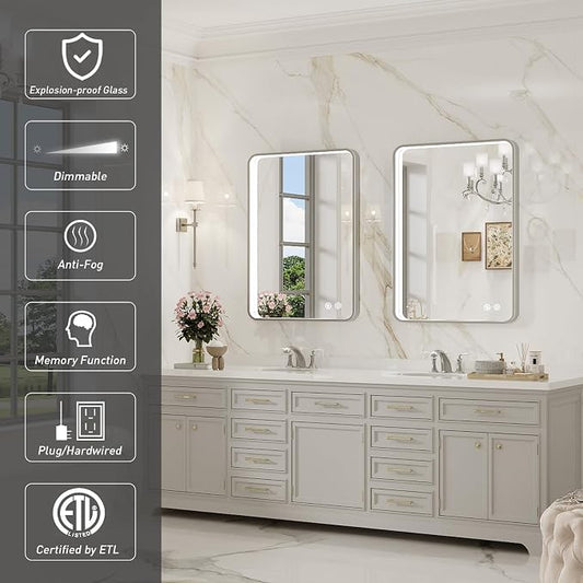 LED Bathroom Mirror with Lights, 20x28 Inch Brushed Silver Framed Lighted - Image 2