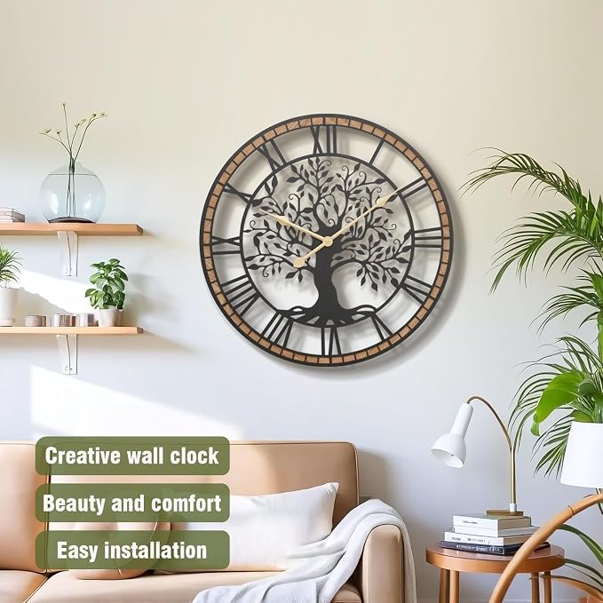 Micasso Farmhouse Oversize Wall Clock: 32Inch Rustic Tree of Life Metal - Image 2