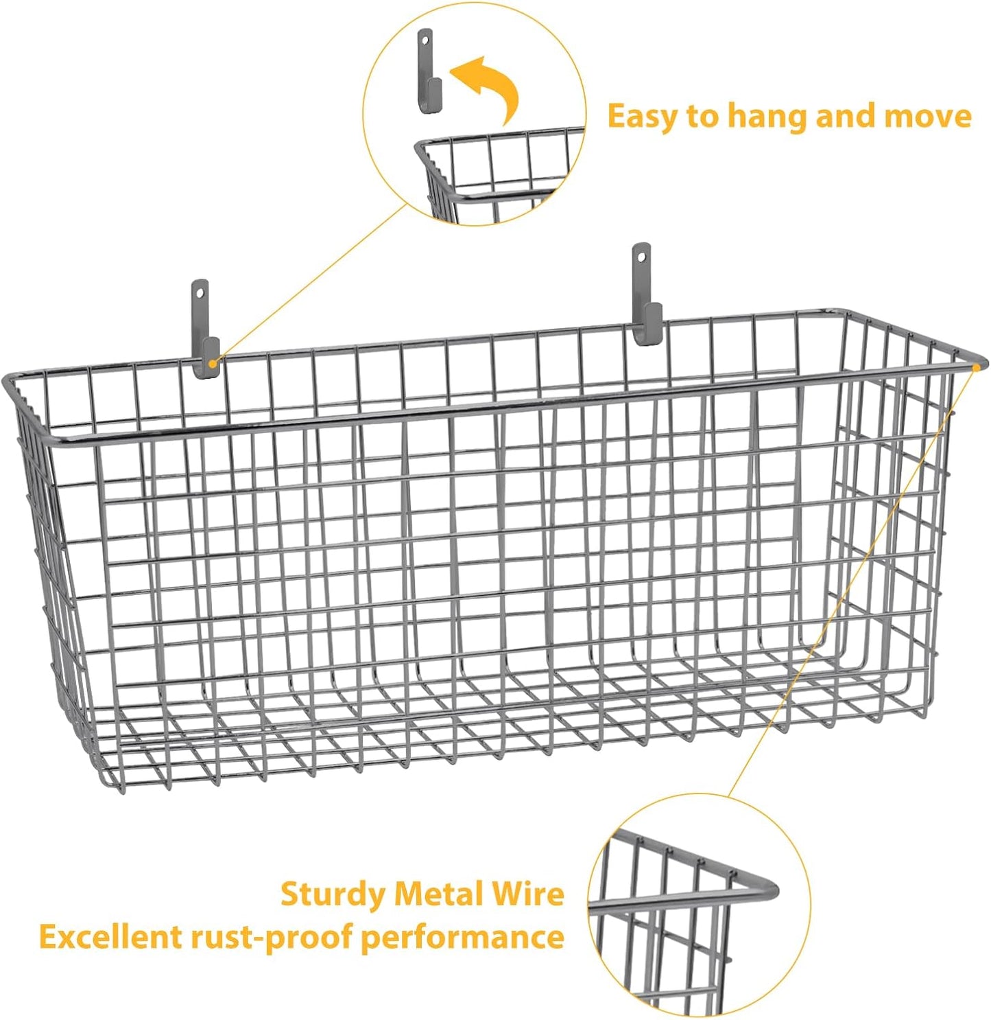 2 Sets Extra Large Hanging Wall Basket, Grey Metal Wire Baskets with Steel Hooks for Organizing, WallmountedFruit Vegetable Toy Snack Storage, Home Kitchen Bathroom Laundry Pantry Organizer