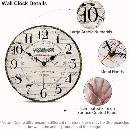 14 Inch Retro Vintage French Country Style Round Wooden Wall Clock Silent - Image 3