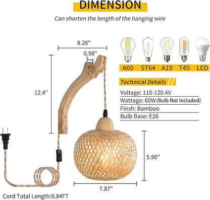 Frideko Bamboo Lantern Plug in Wall Sconces Wicker Wall Lamp - Image 4