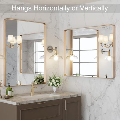 LOAAO 28”X36” Gold Bathroom Mirror, Rounded Rectangle Gold Frame Mirror - Image 4