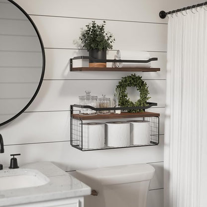 WOPITUES Floating Shelves with Wire Storage Basket, Bathroom Shelves Over - Image 5
