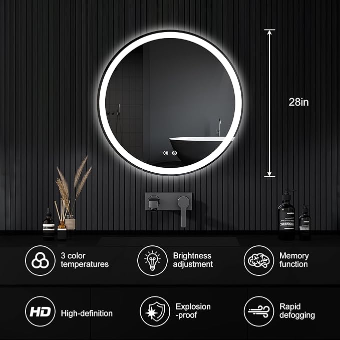 NEWBULIG 28 Inch Round LED Bathroom Wall Mirror - Image 2