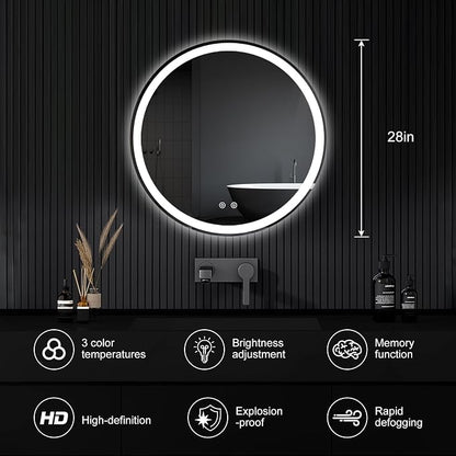 NEWBULIG 28 Inch Round LED Bathroom Wall Mirror - Image 2