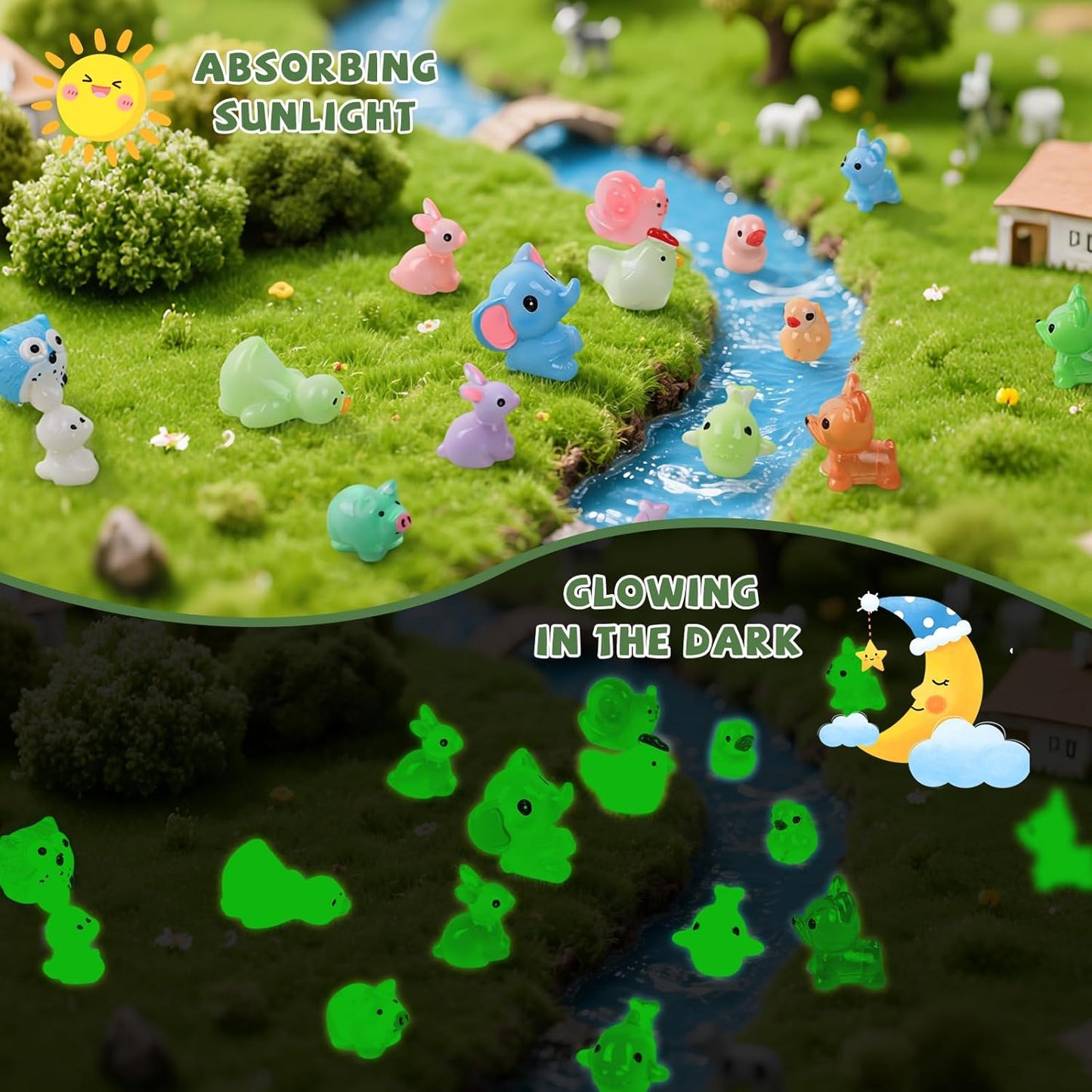 150 PCS Luminous Mini Resin Animals, Glow in The Dark Fairy Garden Decor, Mini Ducks Frogs Turtles Figurines for Aquarium, Terrarium, Slime Charms & Potted Plant Landscape Decoration