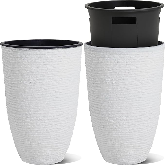 WORTH Garden 2-Pack 21" H. White Tall Planters with Inside Pots - 14'' Dia Plastic Large Round Plant Tree Pots - Decorative Imitation Stone Finish for Indoor Outdoor Front Porch Container Patio