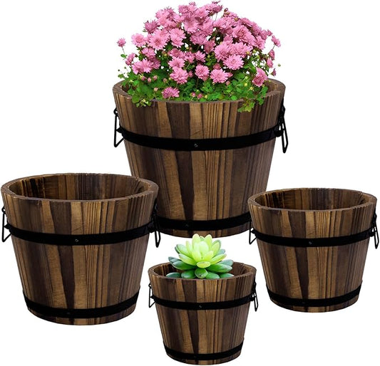 Adnee 4 Pack Wooden Whiskey Barrel Planters - 4 Sizes Wooden Bucket Barrel Garden Planters Set - Rustic Flower Planters Pots Container for Indoor Outdoor Garden Home Plants(4.7",6.1",7.1",9")