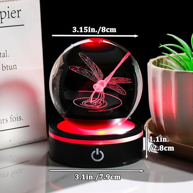 YWHL Crystal Ball 3D Dragonfly Figurine with LED Base, Dragonfly Gifts for Men Women on Christmas Birthday, Glass Animals Insect Sphere Decorative Ball for Home Decor (80mm)