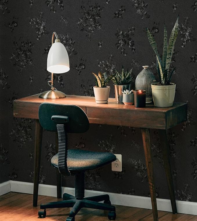 Black Peel and Stick Wallpaper Silk Embossed Floral Contact Paper - Image 3