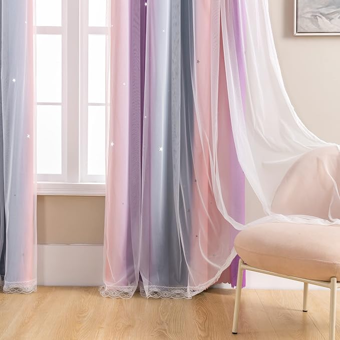 XiDi Curtains for Bedroom Decor, Rainbow GreyPinkPu-34-96 - Image 4