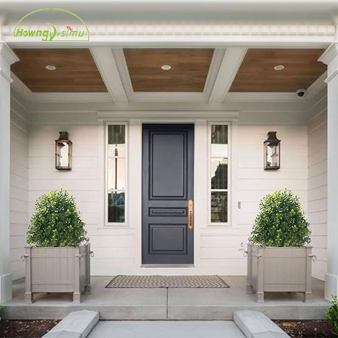 Artificial Boxwood Ball Trees with Ground Spike, 20" UV Resistant Artificial Shrubs, Fake Evergreen Artificial Plant Brush for Indoor Outdoor Front Porch Garden, 1 Pack