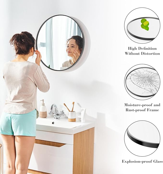 NEWBULIG Round Bathroom Mirror for Over Sink, 24 Inch Wall Mount Vanity Circle - Image 3