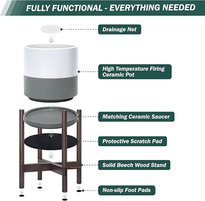 D'vine Dev Ceramic Planter with Walnut Color Stand - 8 Inch Modern Round Flower Pot with Wood Planter Holder, White/Grey, 55-B-Y-6