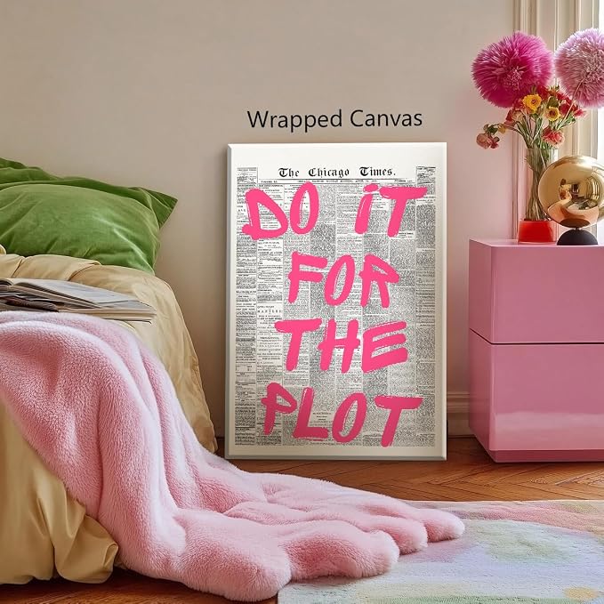 Pink Do It For The Plot Quote Poster, Vintage Black White Newspaper Canvas Wall - Image 4