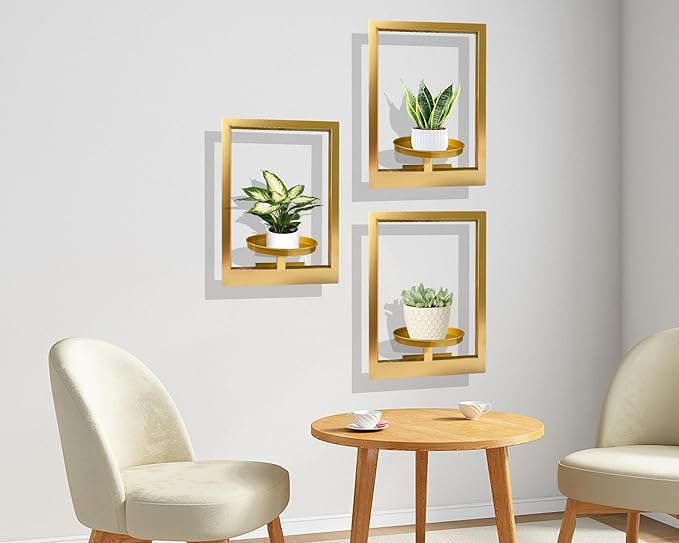 Picture Frame Plant Holder, Wall Mount Plants shelf Indoor Outdoor, Metal Hanging Planters Stand Decor, Window Planter Hanger Shelves, Modern Floating Ornament Rack Art for Home & Garden(Gold 3pc)