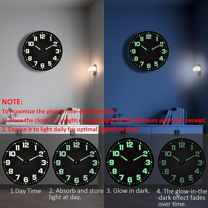 12 Inch Silent Wall Clocks Battery Operated, Glow in The Dark Wall Clock - Image 4
