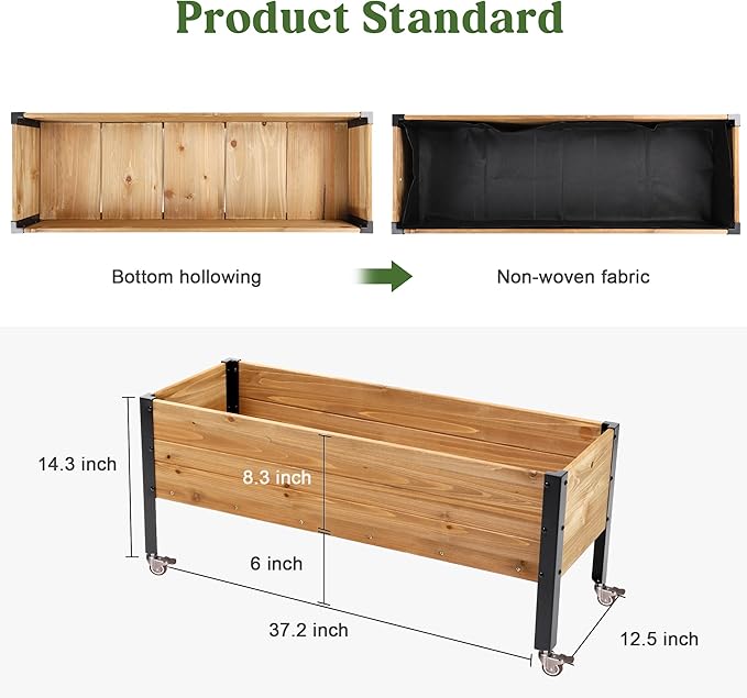Wood Rectangular Garden Planter Box with Wheel Raised Garden Bed Outdoor,Planters for Outdoor Plants 37 * 13 * 15 Elevated Planter Box for Herbs Vegetables Flowers Outdoor Patio Deck Balcony