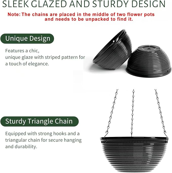 2 Pack Hanging Planters for Indoor Outdoor Plants, 10 Inch Hanging Planter with Drainage Hole & Plug Glazed Hanging Baskets Flower Pots for Garden Home (Black)