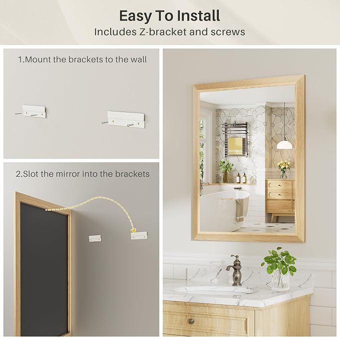 36x30 Inch Bathroom Mirror for Wall, Anti-Rust Oak Wood Grain Metal Framed - Image 5