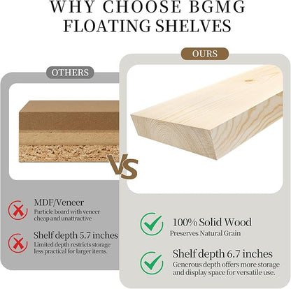 BGMG Wood Floating Shelves 12 inch Set of 2, Solid Wood Wall Shelves - Image 4