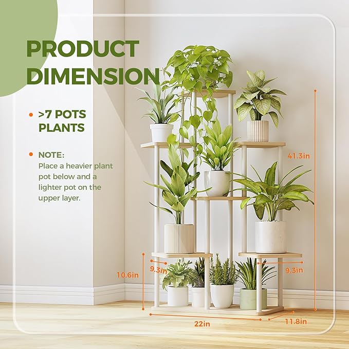 Bamworld 7 Tier Plant Stand Indoor, Large Metal Plant Shelf for Multiple Plants, Tall Tiered Flower Stand for Patio Garden Balcony Living Room Bedroom(White)