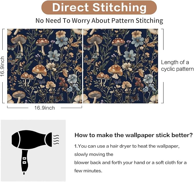 Froluya Mushroom Peel and Stick Wallpaper Dark Floral Contact Paper 16.9" x - Image 4