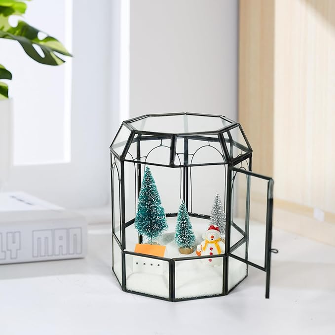 Ferrisland Glass Terrarium Plants with Lid, Black Geometric Terrarium Jar for Succulent Air Carnivorous Plant Moss Snail, Birdcage Shape Tabletop Greenhouse Indoor Decor DIY Presents (Only Terrarium)