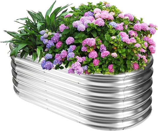 17" Tall Outdoor Garden Raised Garden Bed Kits, 4ft X 2ft Oval,0.8MM Thick Metal Raised Planter Bed/Ground Planter Box for Variety of Flowers,Herbs,Vegetables (Silver, 48X24X16.5 Inches)