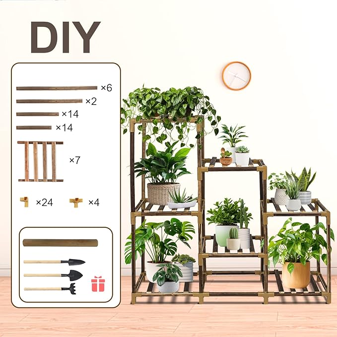 Plant Stand Indoor, 3-Tier Outdoor Wood Plant Stand for Multiple Plants, Accommodates 7 Potted Plants, Ideal for Room Corners, Balconies, Gardens, and Plant Gardening Gifts