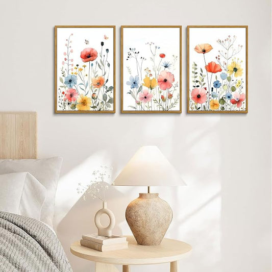 KISSFOX Colorful Wildflower Canvas Wall Art Set Of 3 Flowers Pictures Prints - Image 2
