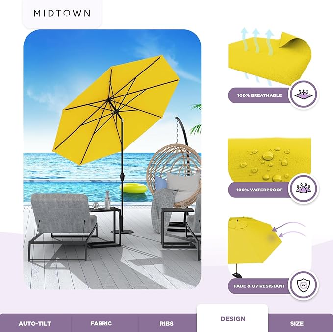 Midtown Umbrellas 10-Year-No-Fade - 8 Ft - UV Proof Sunflower (Yellow) Fabric - Umbrella Outdoor Patio, Auto-Tilt Aluminum Frame Patio Umbrella for Garden, Pool & Deck - Black Pole