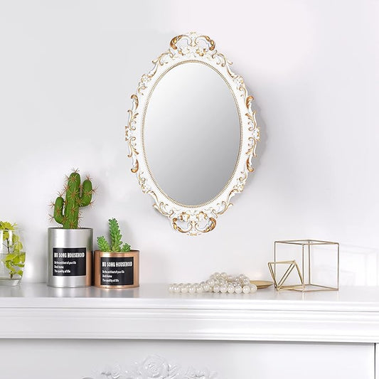 Tstarer Vintage Decorative White Framed Mirror, Small Oval Wall Hanging Mirror - Image 2