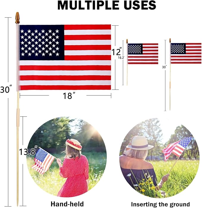 100 Pcs 12x18 Inch American Flags on Stick, American Flags, USA Stick Flag with Handheld and Grounded Multi-Purpose Flagpole, Design for Memorial Day, 4th of July, Veterans Day